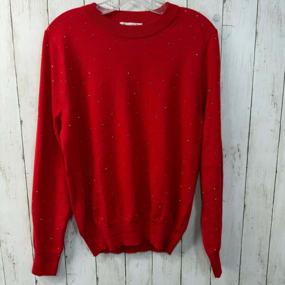 Nanette Lepore Women's Red Studded Knit Sweater Rhinestone Holiday Size L
